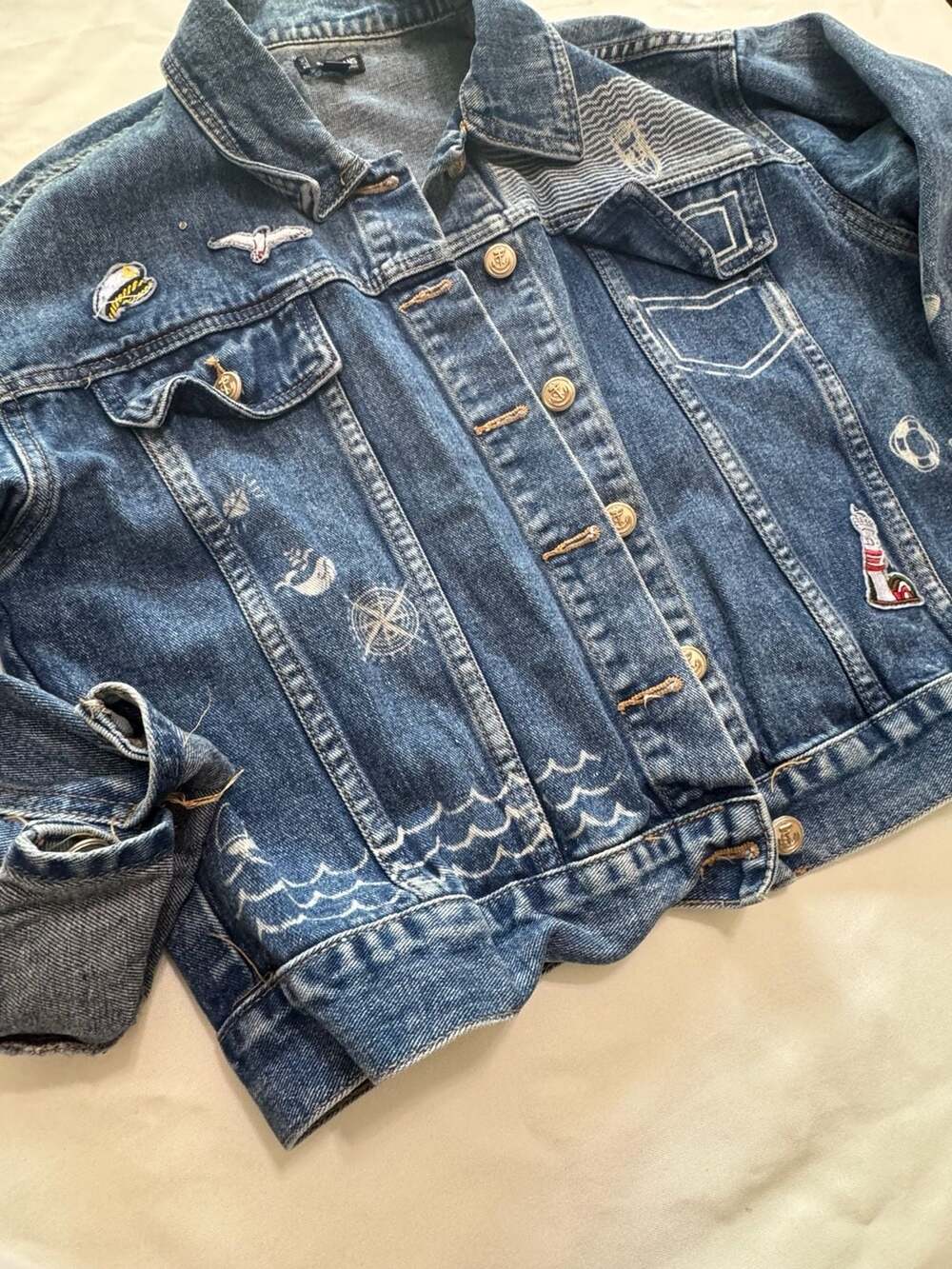 Vintage Inspired Nautical Denim Jacket Patchwork Streetwear Coat - Picture 2 of 10